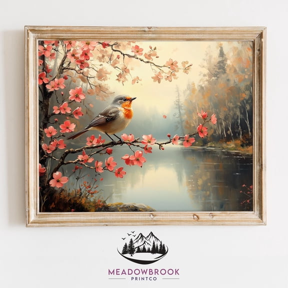 Pomegranate Still Life Moody Kitchen Dining Room Art Robin Bird On Dogwood Blossoms Spring Pastel Decor, UNFRAMED Size 16x16