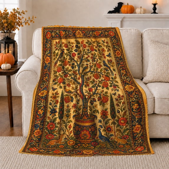 Pomegranate Tree with Peacocks and Flowers, Elegant Botanical Style for Garden Lovers, Ornate Orchard Scene and Housewarming Gift, Cozy Flannel Blanket for Sunroom and Guest Room, Home Decor