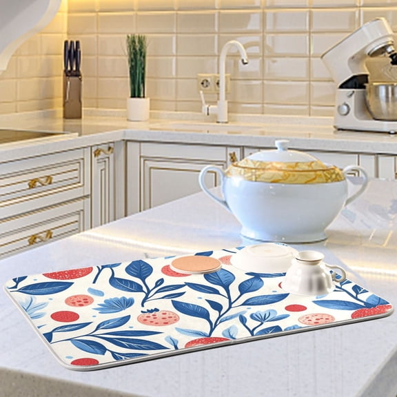 Pomegranate and Blue Leaf Dish Drying Mats for Kitchen Counter Absorbent Microfiber Coffee Pad