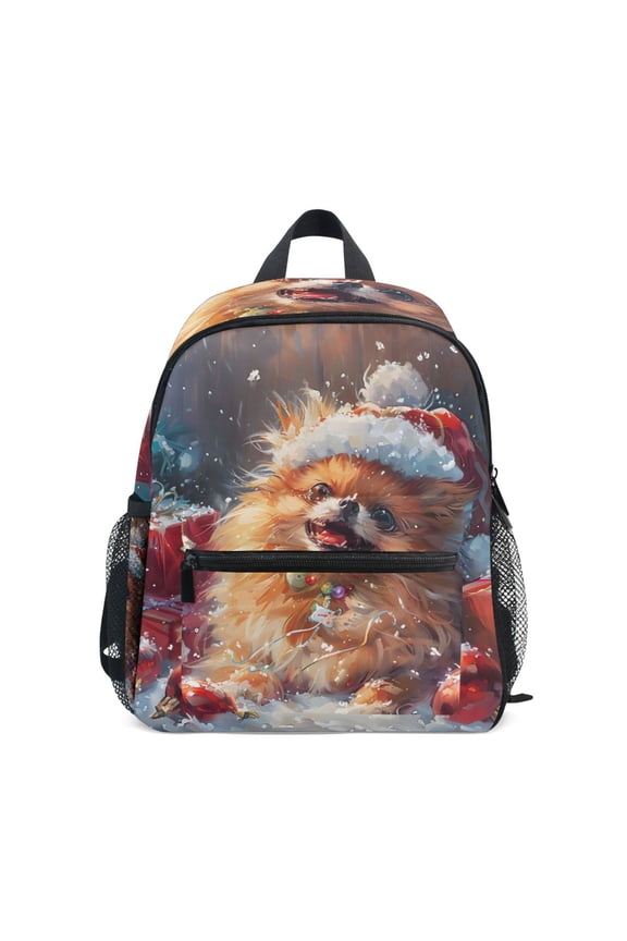 Pomeranian Christmas Hat Mini Backpack Cute Small Backpack with Chest Strap and Whistle Ages 3-8