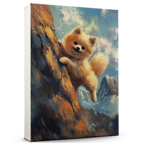 Pomeranian Cute Dog Climbing Canvas Canvas  Retro Pomeranian Dog Batter in Action With Climbing for Themed Living Room, Pet Shop Decor