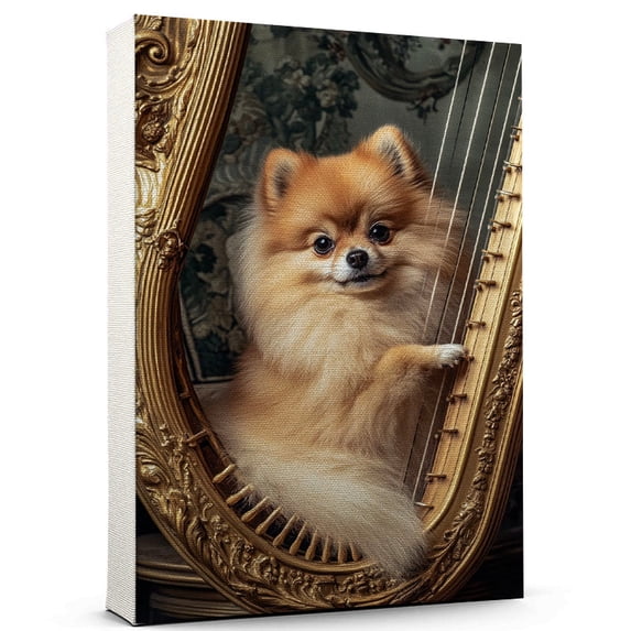 Pomeranian Cute Dog Harp Stretched Canvas Size 8x12 – Retro Pomeranian Dog Batter in Action With Harp for Themed Living Room