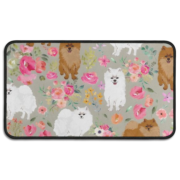 Pomeranian Dog and Flower Floral Door Rugs,Washable Non Slip Door Mats Indoor,Decorative Door Mats,Entry Mat Indoor for Entrance,Bedroom,Kitchen,Bathroom,30"x17"