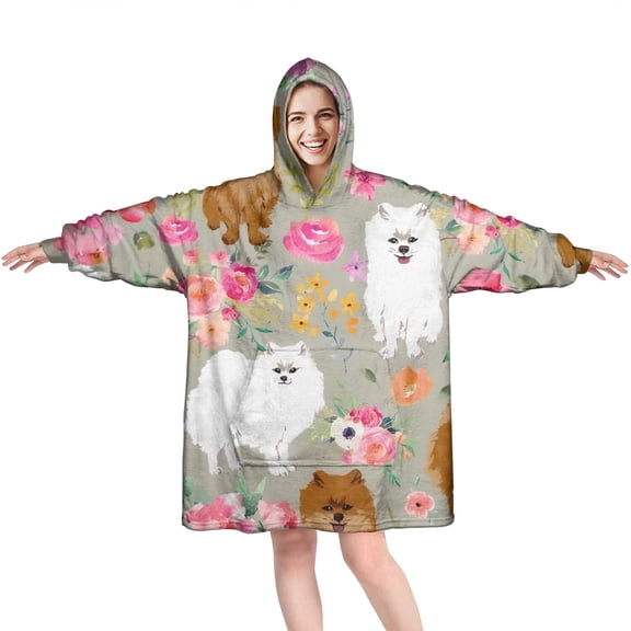 Pomeranian Dog and Flower Floral Wearable Oversized Blanket,Wearable Blanket Hoodie for Adults,Cozy Hooded Blankets with Super Pockets,Super Warm Fuzzy Pullover for Women & Men