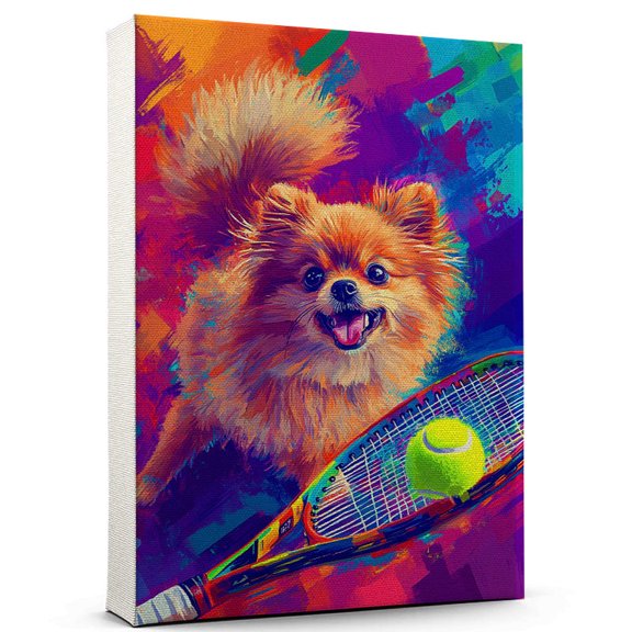 Pomeranian Dog Playing Tennis Stretched Canvas Size 8x12 – Vintage Style Pomeranian Dog Art for Tennis Fans, Great Gift for Dog Owners