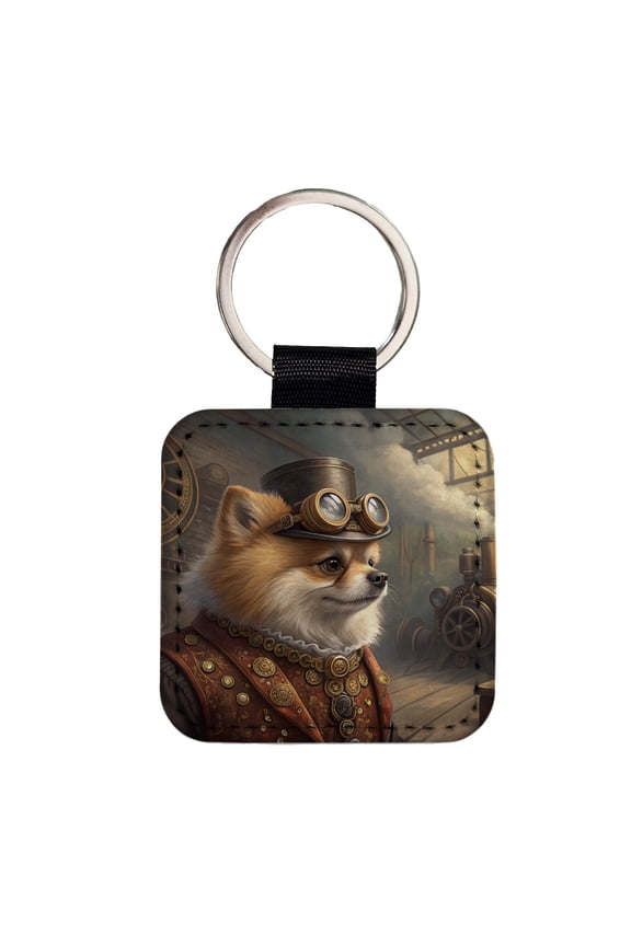 Pomeranian Dog Steampunk Faux Leather Square Keychain