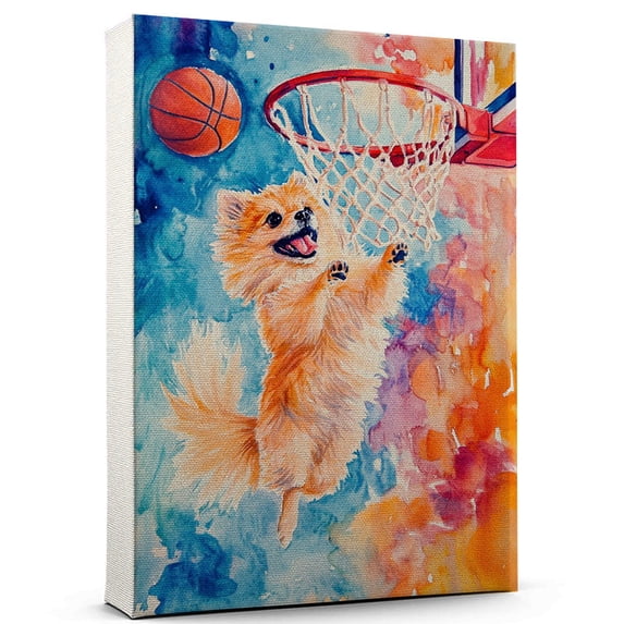 Pomeranian Dog Stretched Canvas Size 8x12 – Basketball Canvas Print of Funny Pomeranian Dog Wall Art, Basketball Sports Wall Decor, Home Decor, Dog Lover