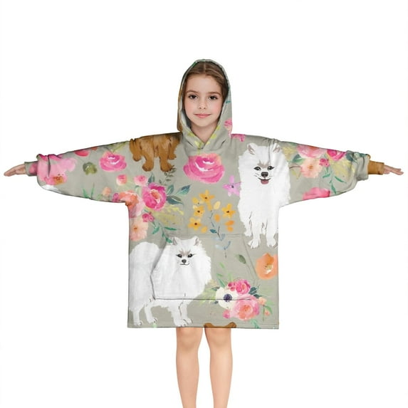 Pomeranian Dog and Flower Floral Blanket Hoodies for Kids 6-13YR Oversize Wearable Blanket Hoodies for Boys Girls Teens