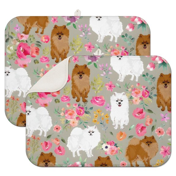 Pomeranian Dog and Flower Floral Dish Drying Mat for Kitchen 1 Pack, Ultra Absorbent Microfiber Dishes Drainer Mats,18"x24"