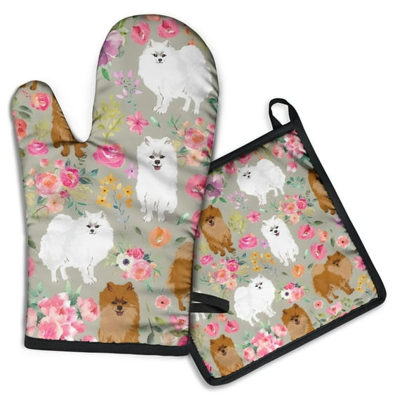 Pomeranian Dog and Flower Floral Kitchen Oven Mitt and Pot Holder Sets 2 Pcs for Baking, Cooking and Grilling, Heat Resistant Up To 392 °F