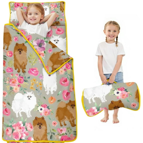Pomeranian Dog and Flower Floral Toddler Nap Mats for Kids Preschool,Sleeping Mat Bag or Kids,Toddler Sleeping Bag,Toddler Nap Mat or Daycare