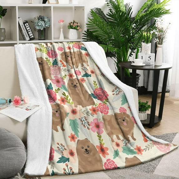 Pomeranian Dogs and Flowers Blanket,Comfortable Soft Flannel Throw Blanket,All Season,Warm Lightweight Blankets for Sofa Bed Couch Living Room Chair,50"x60"(130x150cm)