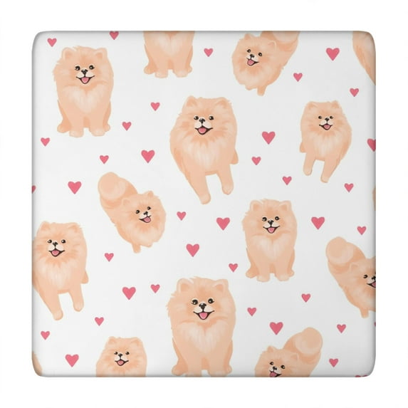 Pomeranian Dogs with Hearts Square Fitted Tablecloth with Elastic Edge,Square Table Cover,Washable Elastic Table Cover for Home Kitchen Party Decor 34"x34"