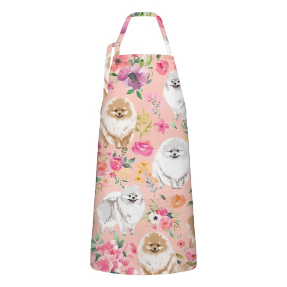Pomeranian Dogs and Pioneer Flower Apron-Garden Aprons for Women with Pockets-Cotton Linen Waterproof Kitchen Cooking Gardening Aprons Adjustable for Kitchen,Cooking,BBQ and Salon 33x27 Inch