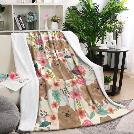 Pomeranian Dogs and Pioneer Flower Blanket,Comfortable Soft Lamb Wool Throw Blanket,All Season,Warm Lightweight Blankets for Sofa Bed Couch Living Room Chair,40"x50"