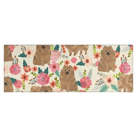 Pomeranian Dogs and Pioneer Flower Kitchen Rug Mat,Kitchen Runner Rugs Non Skid Washable,Decorative Kitchen Floor Mats for Kitchen,Sink,Laundry,17"X47"