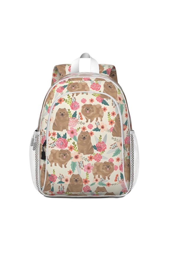 Pomeranian Dogs and Flowers Backpack for School,Cute School Bag,Schoolbag with Adjustable Shoulder Straps & Padded Back,15"x11.42"x5.5"
