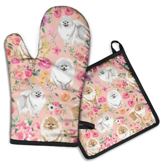 Pomeranian Dogs and Flowers Kitchen Oven Mitt and Pot Holder Sets 2 Pcs for Baking, Cooking and Grilling, Heat Resistant Up To 392 °F