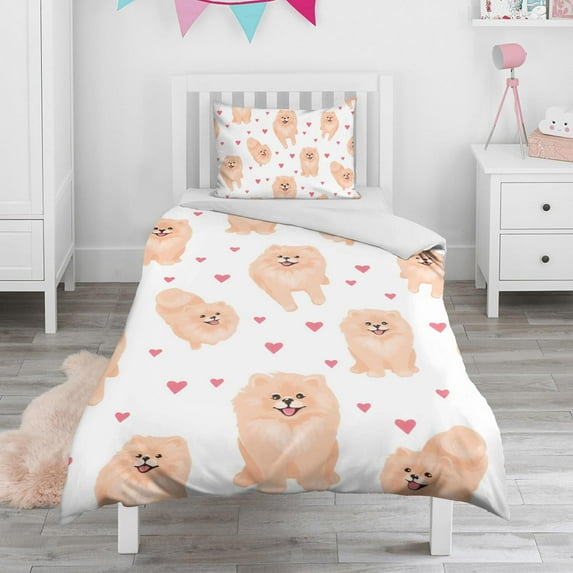Pomeranian Dogs with Hearts Duvet Cover and Pillowcase Set for Single Bedding, Bedroom Accessories for Kids Teens