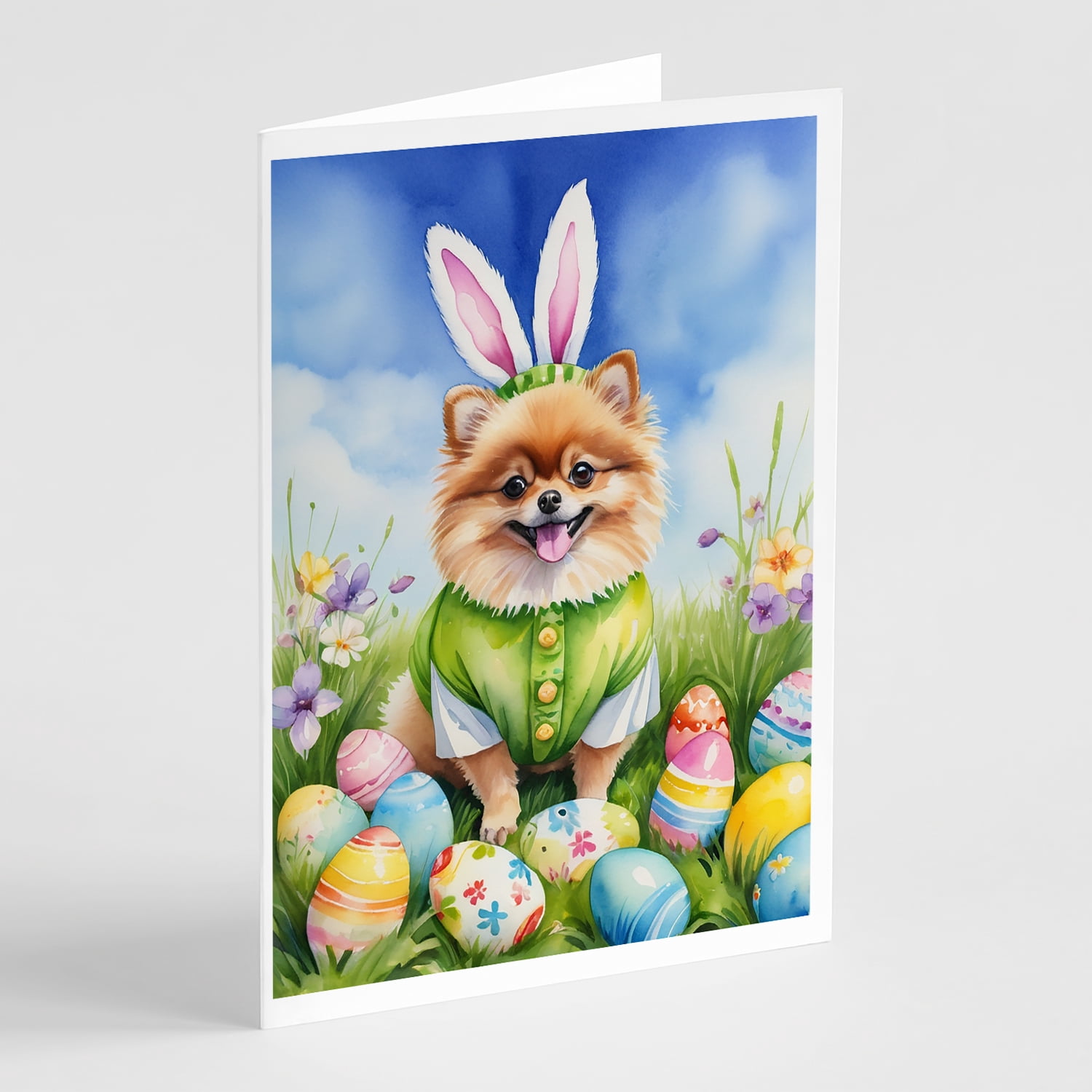 Pomeranian Easter Egg Hunt Greeting Cards Pack of 8 7 in x 5 in
