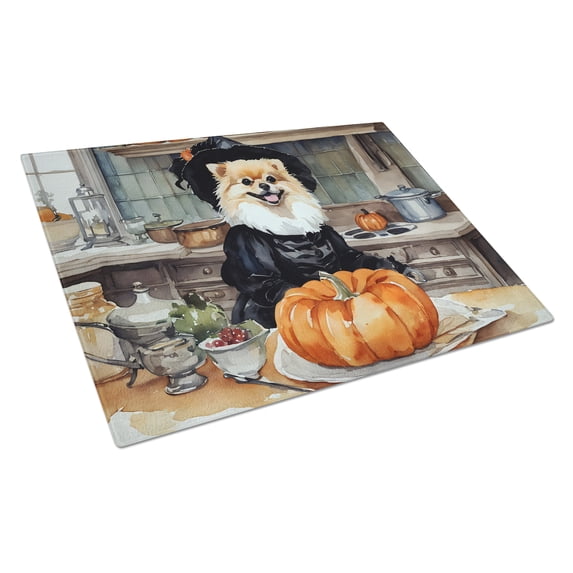 Pomeranian Fall Kitchen Pumpkins Glass Cutting Board Large 12 in x 15 in