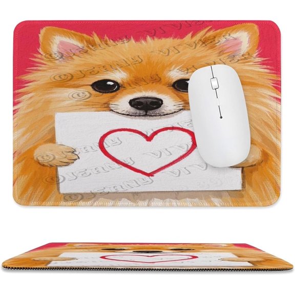 Pomeranian with Heart Painting Mouse Pad 8x10 in, Premium Stitched Edge Computer Mousepad with Smooth Tracking Surface and Non-Slip Rubber Bottom, Adorable Pomeranian Puppy with Heart Illustration