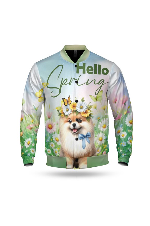Pomeranian Hello Spring Time Flower Floral Nature All Over Print 3D Baseball Jacket Pom Dog Lover Gifts Bomber Jacket Softball - 02031