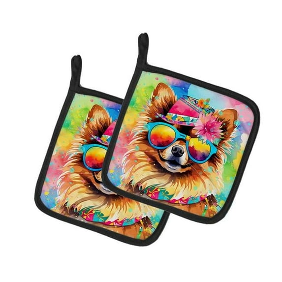 Pomeranian Hippie Dawg Pair of Pot Holders 7.5 in x 7.5 in