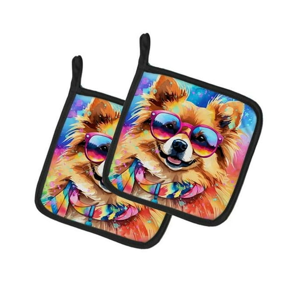 Pomeranian Hippie Dawg Pair of Pot Holders 7.5 in x 7.5 in