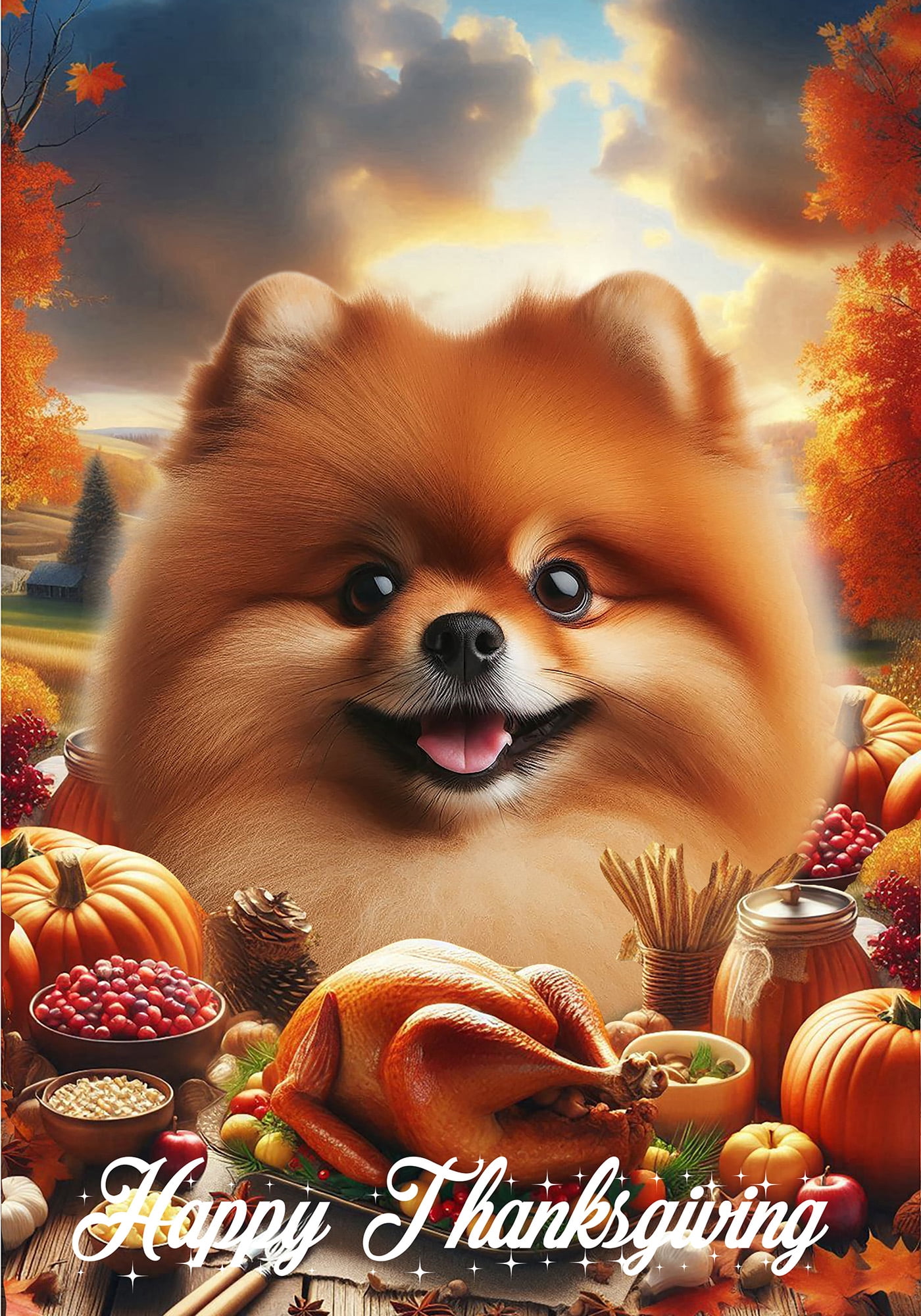 Pomeranian Orange - Best of Breed Thanksgiving Outdoor House Flag 28" x 40" Mailbox Flag Dog Flag