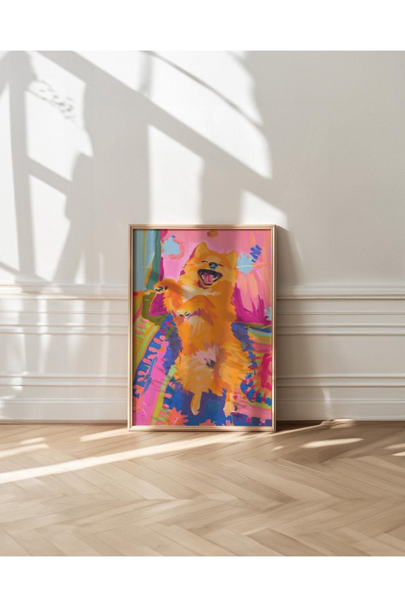 Pomeranian Portrait Art Print, Trendy Maximalist Dog Decor, Fluffy Pup Unframed Paper Print