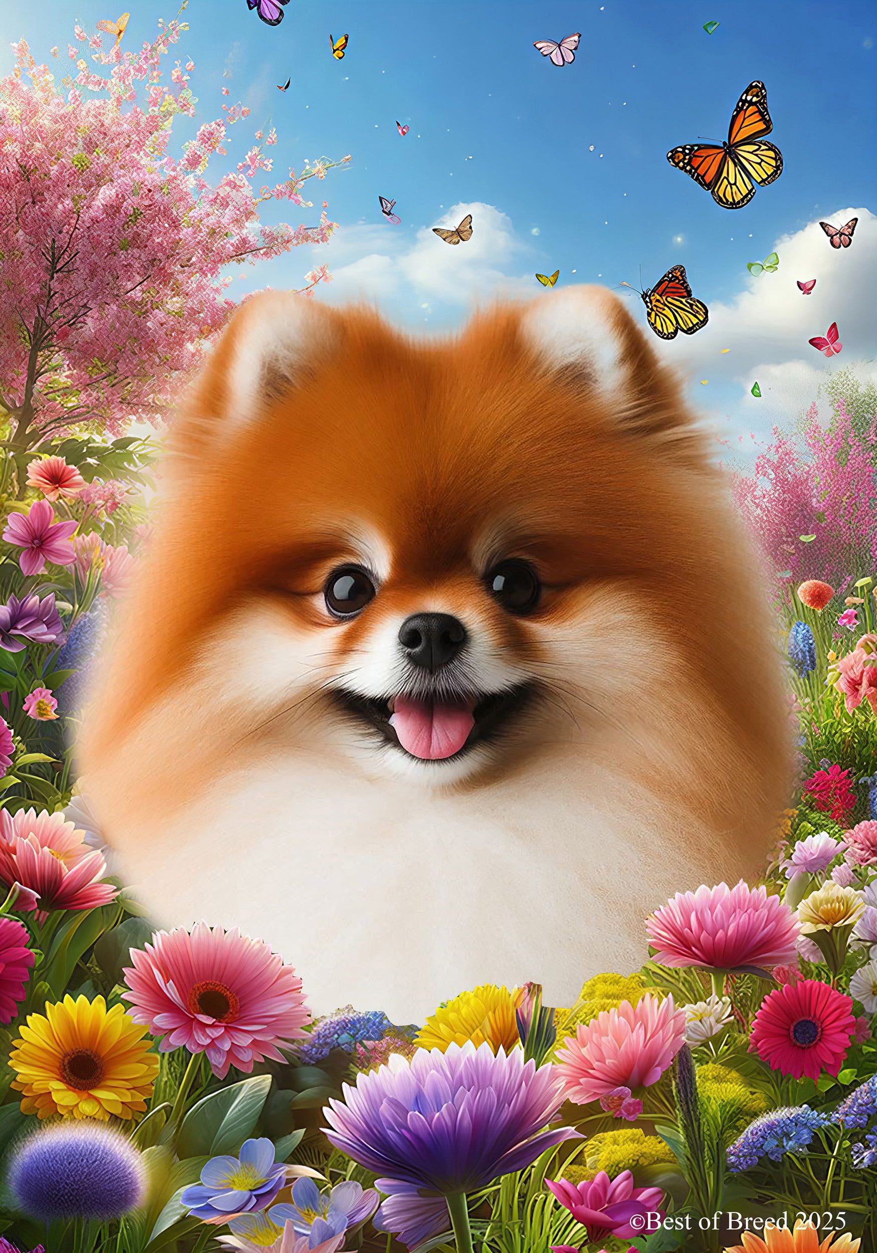 Pomeranian Red - Best of Breed Spring Butterfly Outdoor House Flag 28" x 40" Mailbox Flag