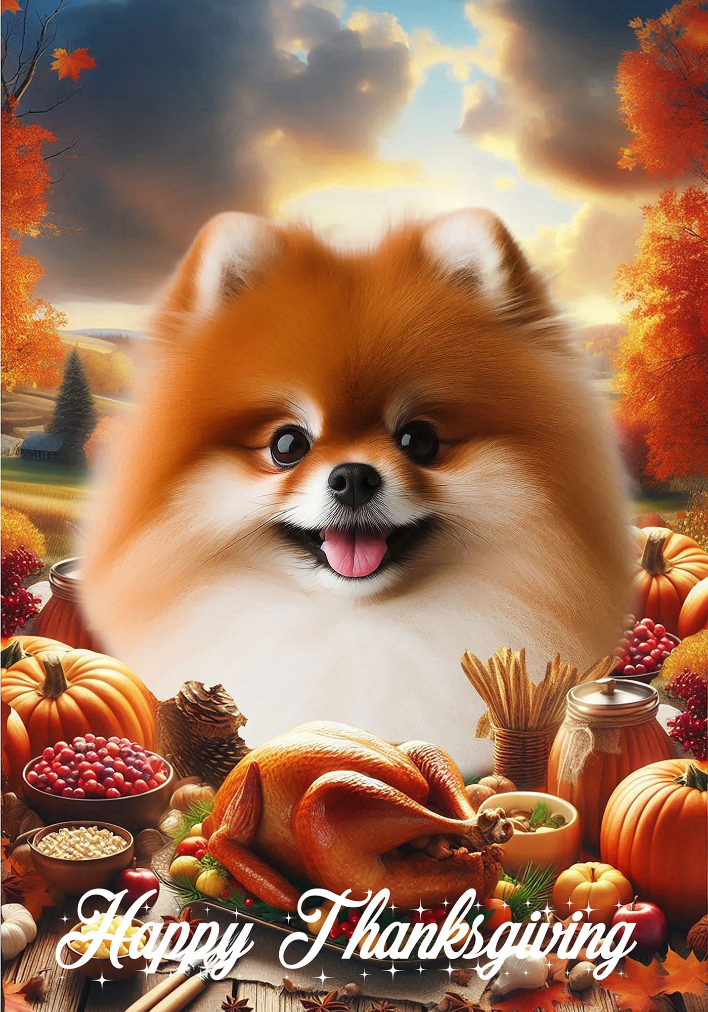 Pomeranian Red - Best of Breed Thanksgiving Outdoor House Flag 28" x 40" Mailbox Flag Dog Flag