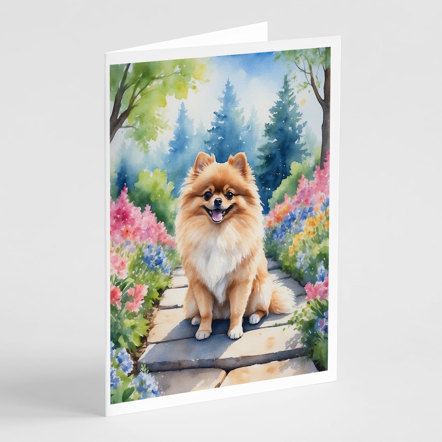 Pomeranian Spring Path Greeting Cards Pack of 8 7 in x 5 in