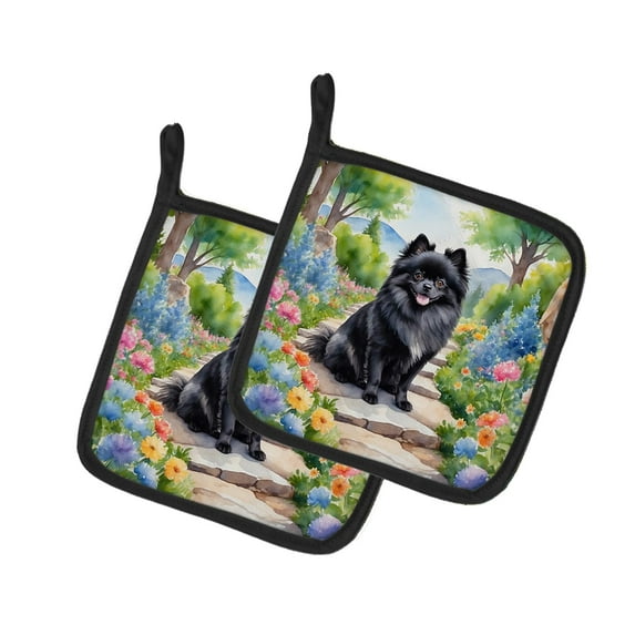 Pomeranian Spring Path Pair of Pot Holders 7.5 in x 7.5 in