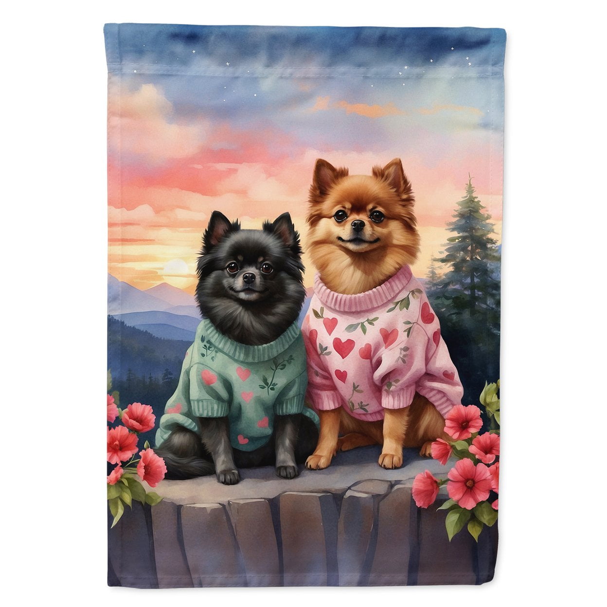 Pomeranian Two Hearts House Flag 28 in x 40 in