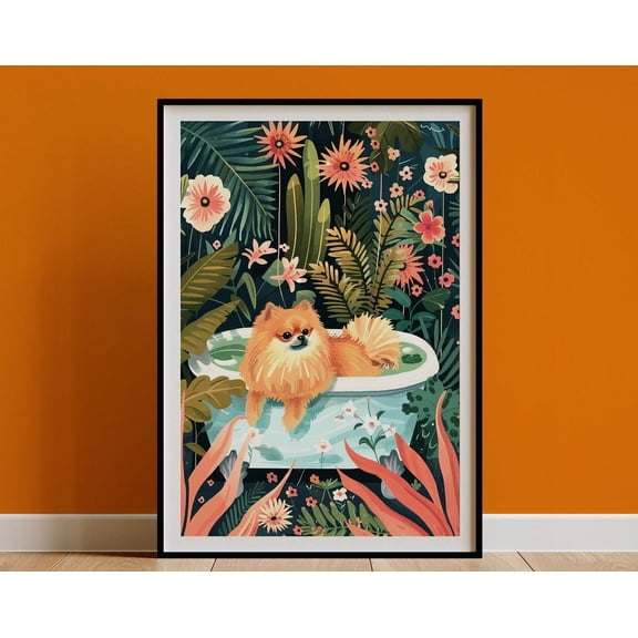 Pomeranian Wall Art, Boho Jungle Bathtub Print, Maximalist Botanical Decor, Eclectic Tropical Poster, Red Pom Dog Mom Owner Gift, Wall Art, Modern Wall Decor For Living Room, 12x18 UNFRAMED