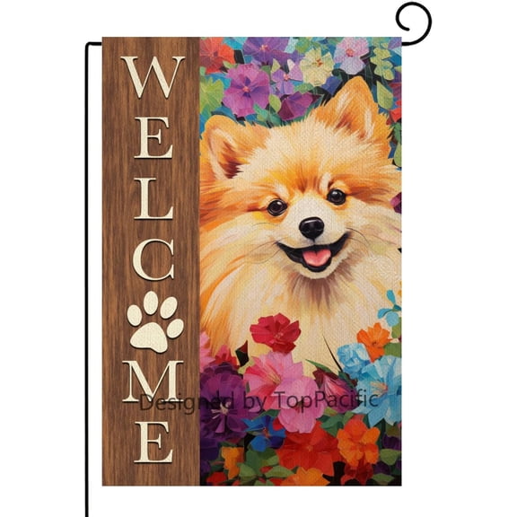 Pomeranian Welcome Spring Summer Dog Garden Flag 12x18 Inch Double Sided, Dog Mini Pet Seasonal Yard Flag for Home Decorative Outside(12425)