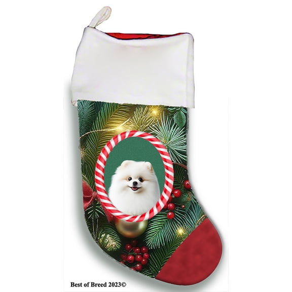 Pomeranian White - Best of Breed Christmas Stocking 13.5" Red Gaming Cloth with Red Lining ,Plush White Cuff
