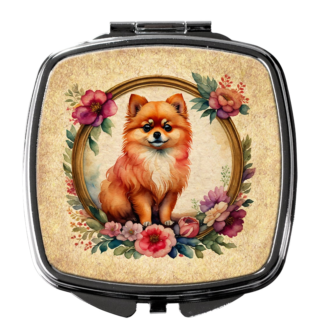 Pomeranian and Flowers Compact Mirror 2.75 in x 3 in