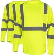 Pomerol 3Pack Hi Vis Class 3 Reflective Safety Shirt - Long Sleeve Work T-Shirt, Fluorescent Yellow for Construction, Road Work-L