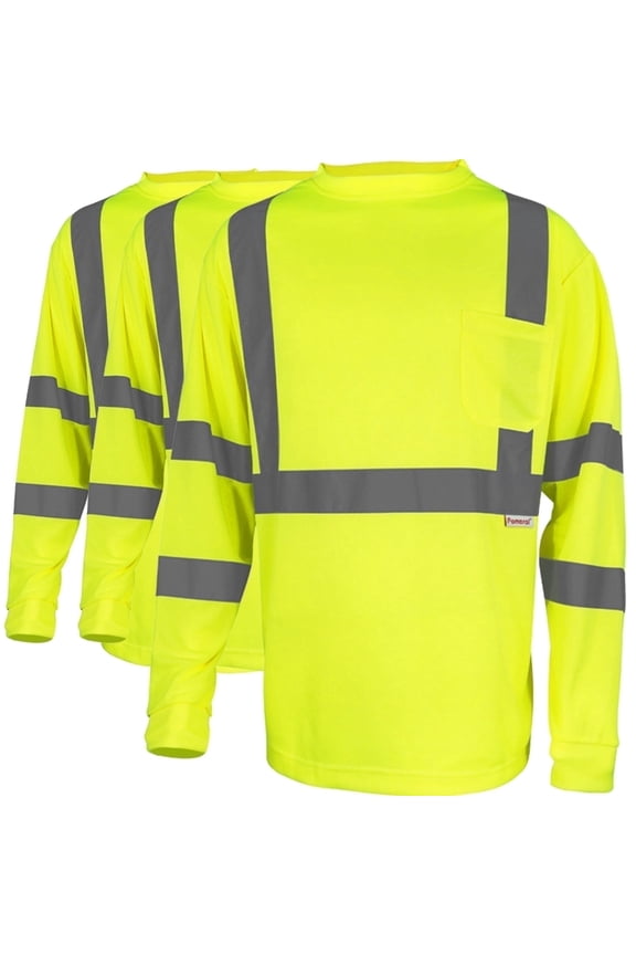 3Pack Hi Vis Class 3 Reflective Safety Shirt - Long Sleeve Work T-Shirt, Fluorescent Yellow for Construction, Road Work-L