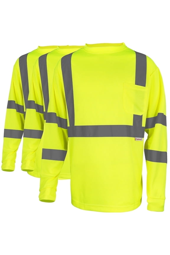 3Pack Hi Vis Class 3 Reflective Safety Shirt - Long Sleeve Work T-Shirt, Fluorescent Yellow for Construction, Road Work-M