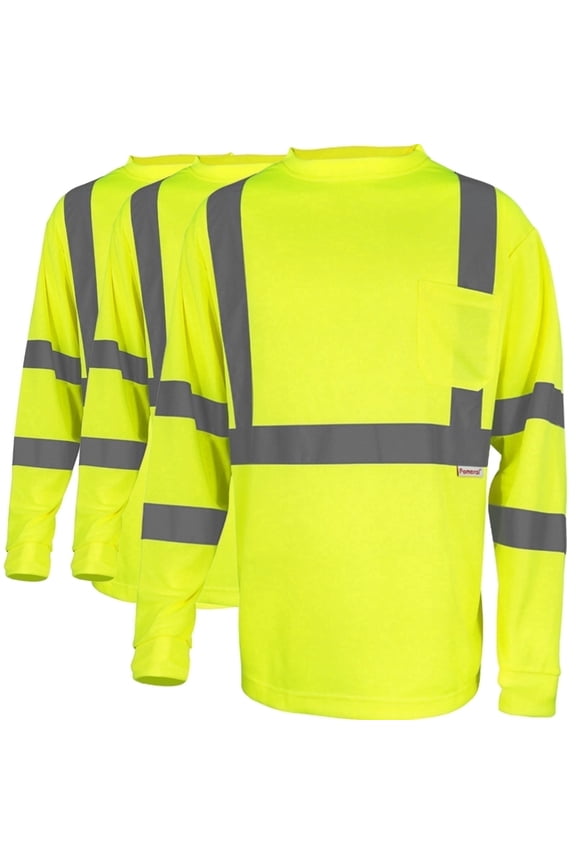 3Pack Hi Vis Class 3 Reflective Safety Shirt - Long Sleeve Work T-Shirt, Fluorescent Yellow for Construction, Road Work-M