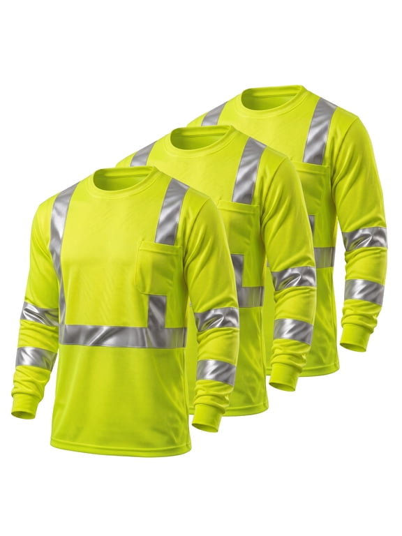 3Pack Hi Vis Class 3 Reflective Safety Shirt - Long Sleeve Work T-Shirt, Fluorescent Yellow for Construction, Road Work-M