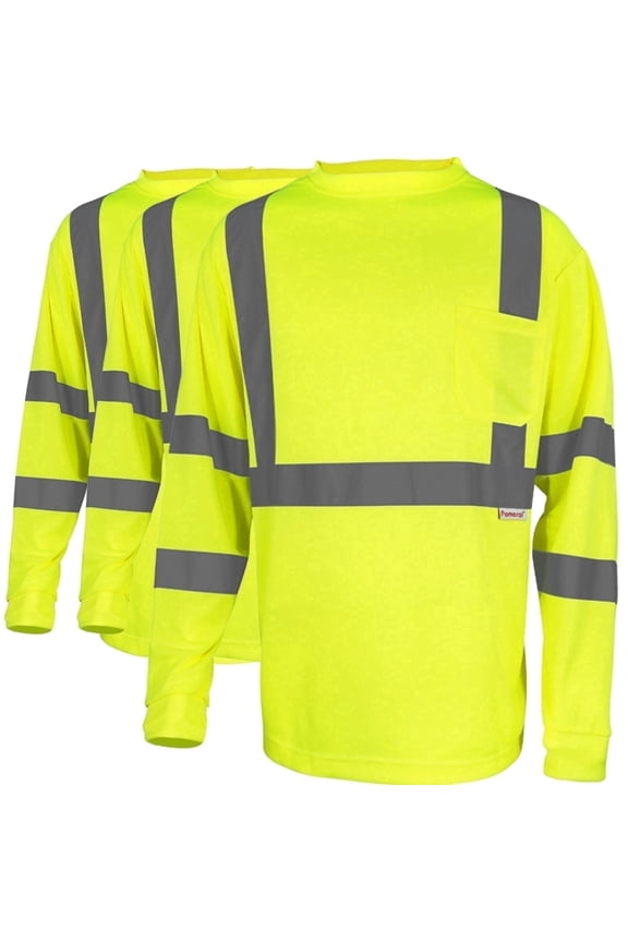 3Pack Hi Vis Class 3 Reflective Safety Shirt - Long Sleeve Work T-Shirt, Fluorescent Yellow for Construction, Road Work-XXL