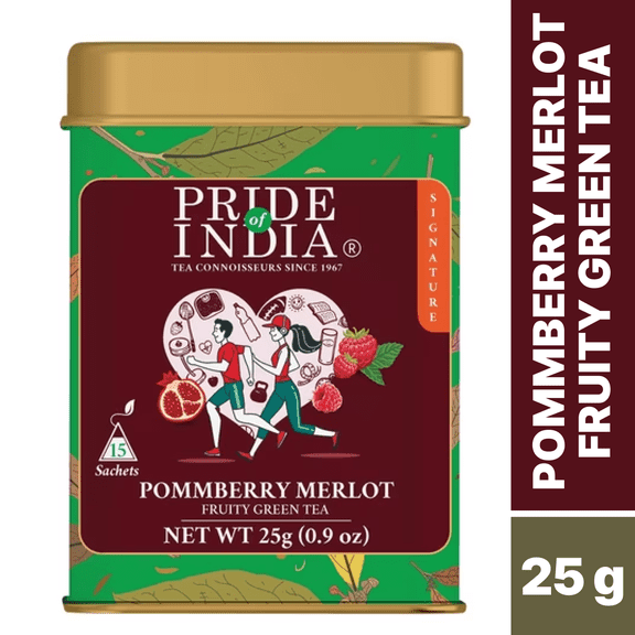 Pride of India PommBerry Merlot Fruity Green Tea - 15 Pyramid Tea Bags | Individually Wrapped Full Leaf Green Tea with Pomegranate, Raspberry, Strawberry | Tangy & Fruity Flavor, Caffeine Free