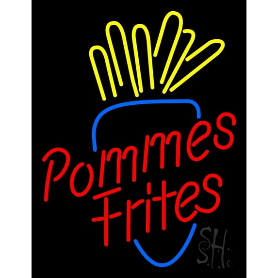Pommes Frites Fries LED Neon Sign 15 x 19 - inches, Clear Edge Cut Acrylic Backing, with Dimmer - Bright and Premium built indoor LED Neon Sign for restaurant window and interior decor.