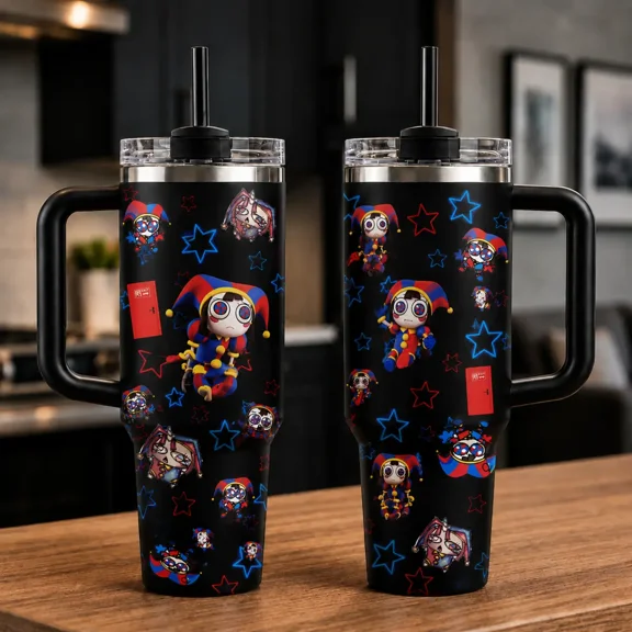 Pomni V2 Digital Circus Animation Inspired Tumbler, Cute Cartoon Character Travel Mug, 20oz/40oz Stainless Steel Cup With Handle, Fan Gift