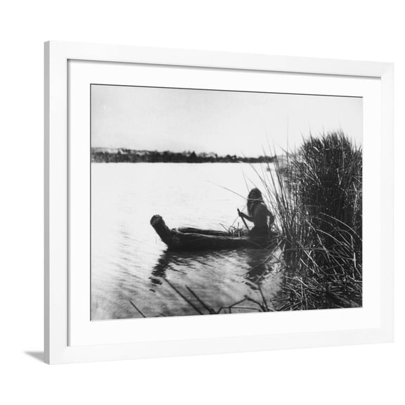 Pomo Indian Poling His Boat Made of Tule Rushes Through Shallows of Clear Lake, Northen California Framed Photographic Print by Edward S^ Curtis, 32" x 24", Sold by Art.com